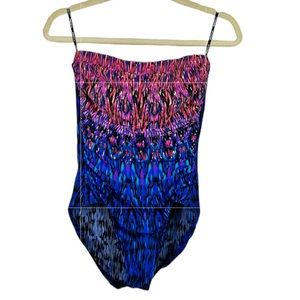 Miraclesuit Blue and Pink Patterned Strapless Skimming Swim Suit